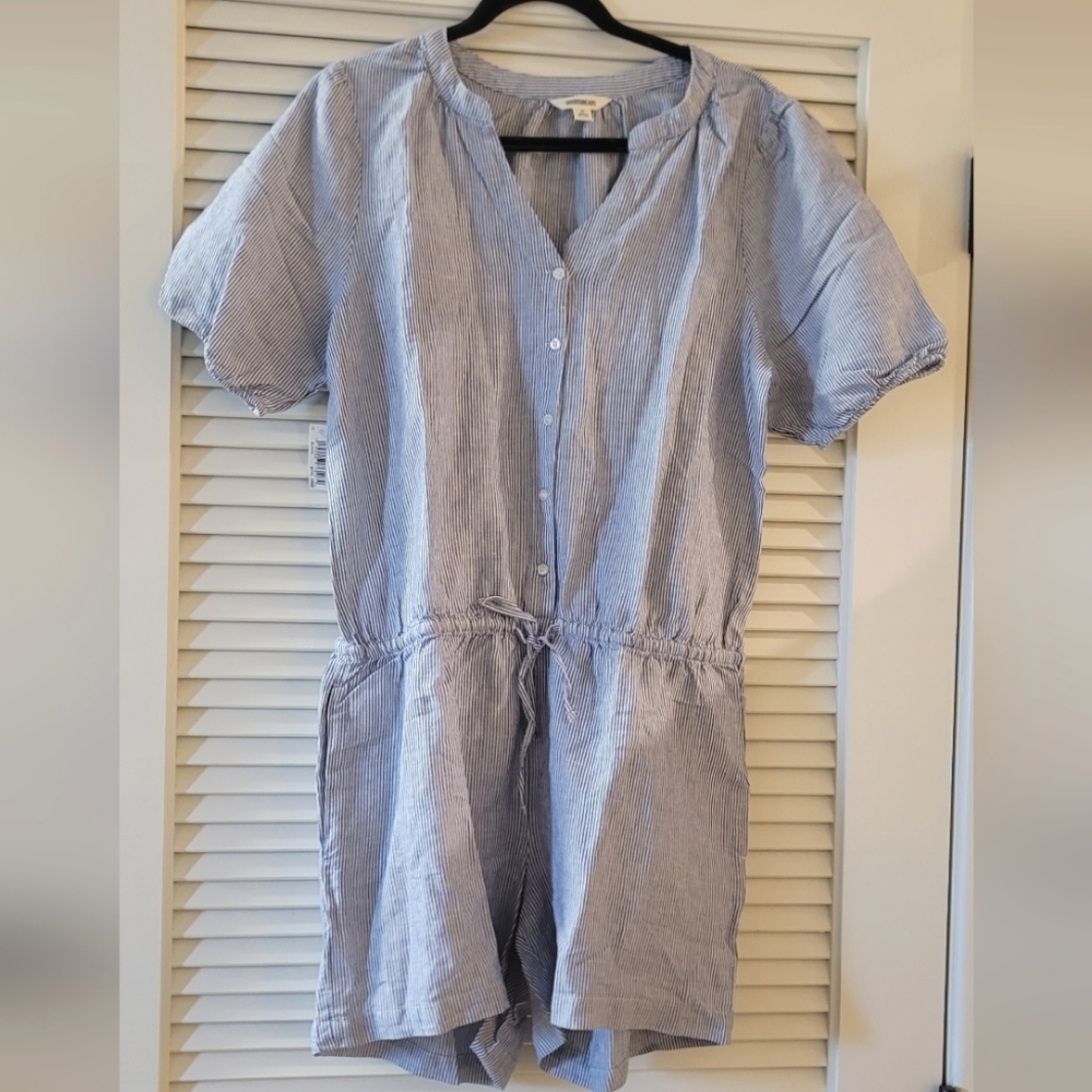 Goodthreads- (NWT) Blue & White Striped Short-Sleeve Romper With Drawstring